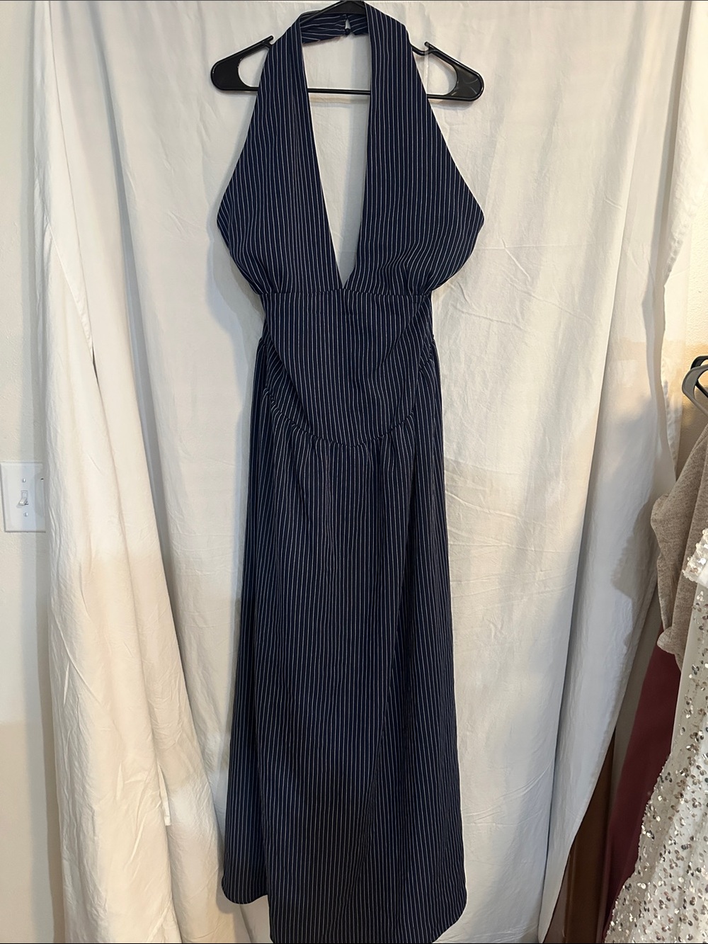 Fashion Nova Navy Pinstripe Backless Halter Maxi Dress